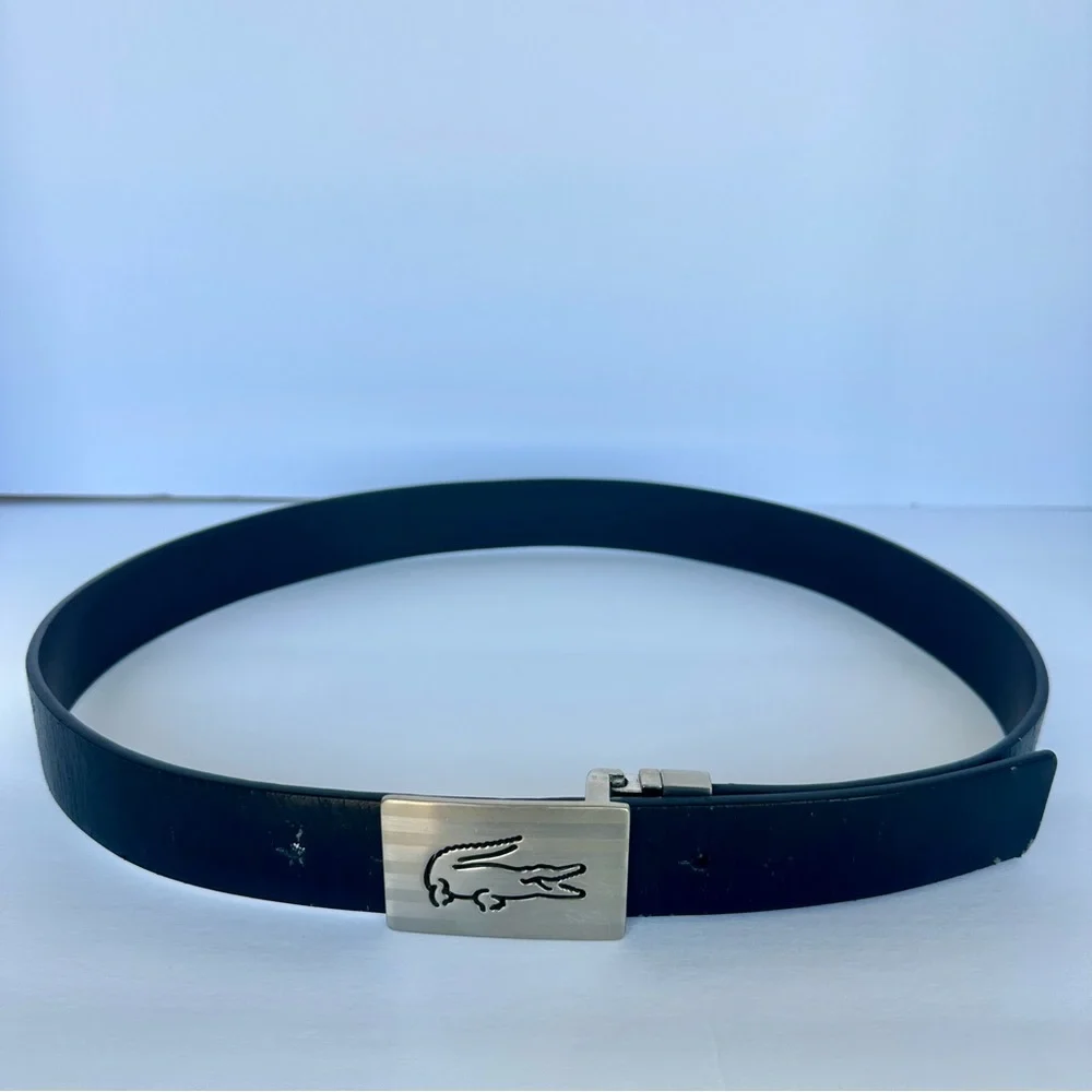 Lacoste Mens Reversible Black And Brown Leather Belt Size 34 Silver Buckle Croc